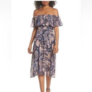 Cooper St Boa off the shoulder dress blue and pink snakeskin print